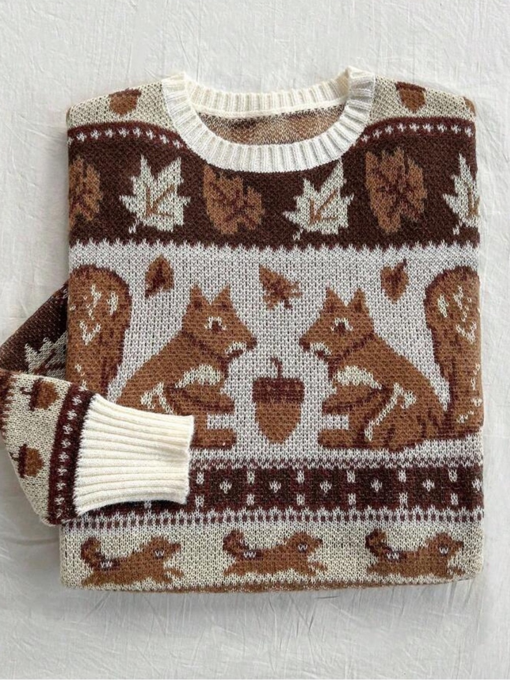 Squirrel Knit Sweater in Cream & Coffee Brown